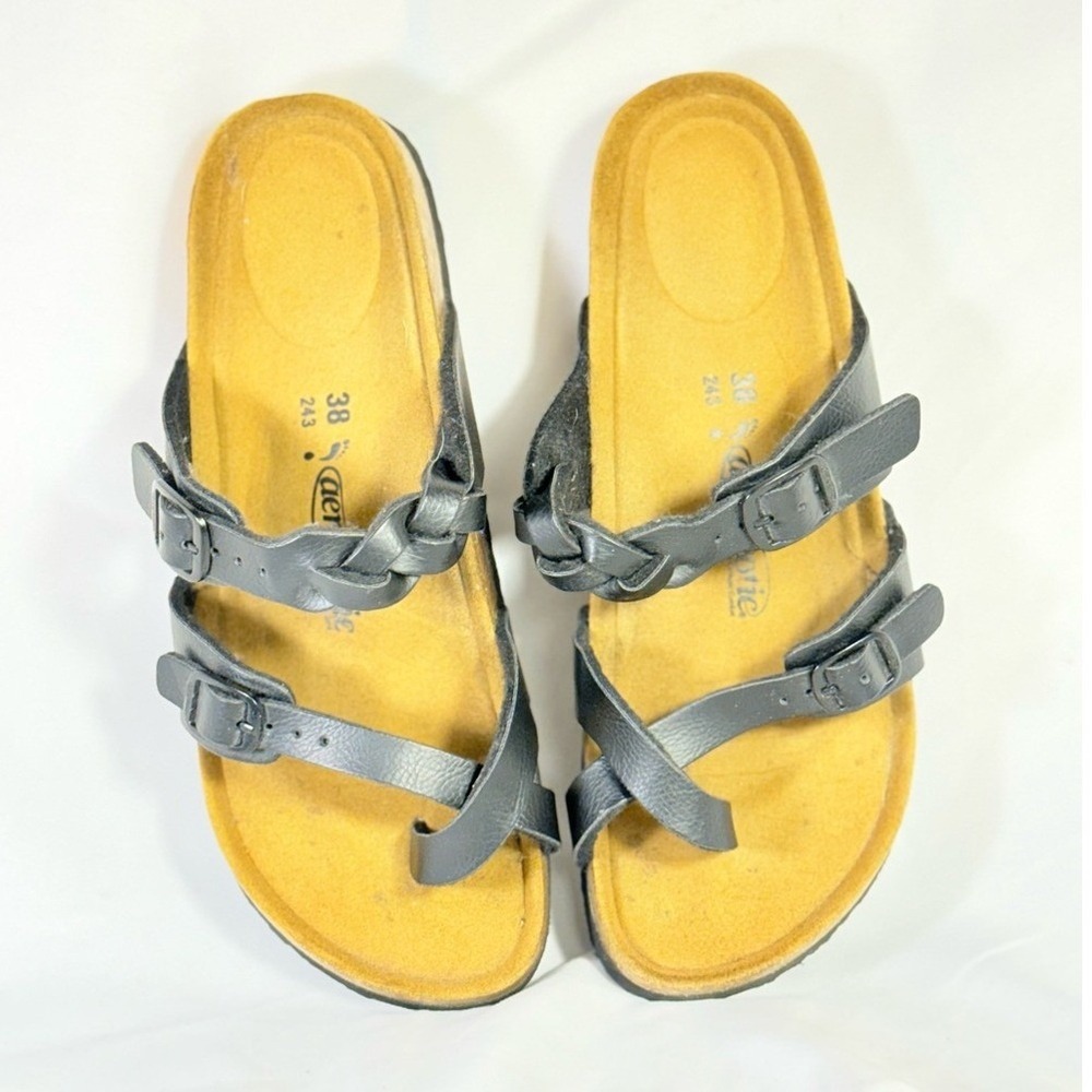 Aerothotic Braided Double Strap Sandals Black Tan Footbed Women 38 US 7.5